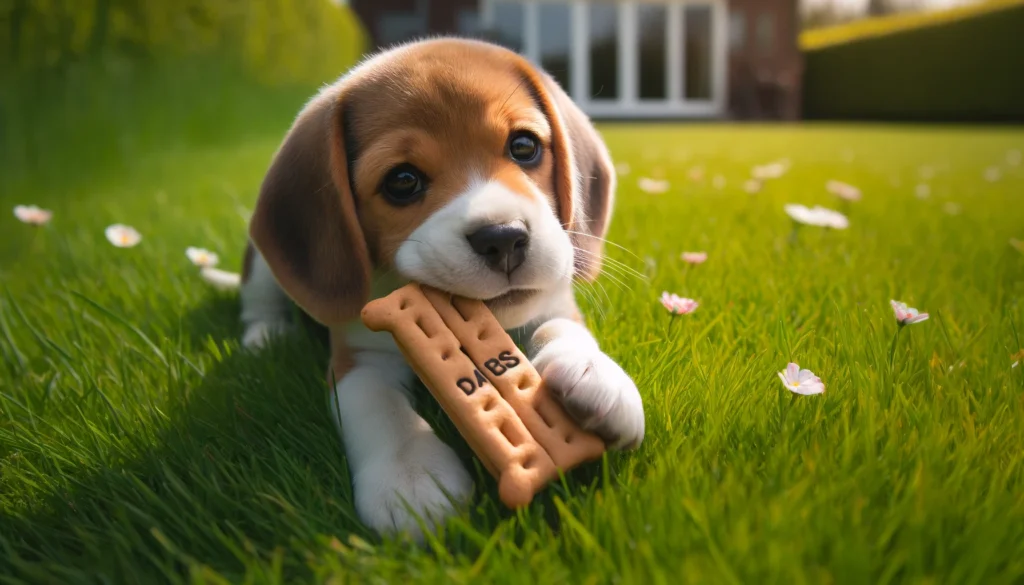 Een Beagle pup die buiten op het gras zijn behoefte doet met een beloningssnack in de hand van de eigenaar