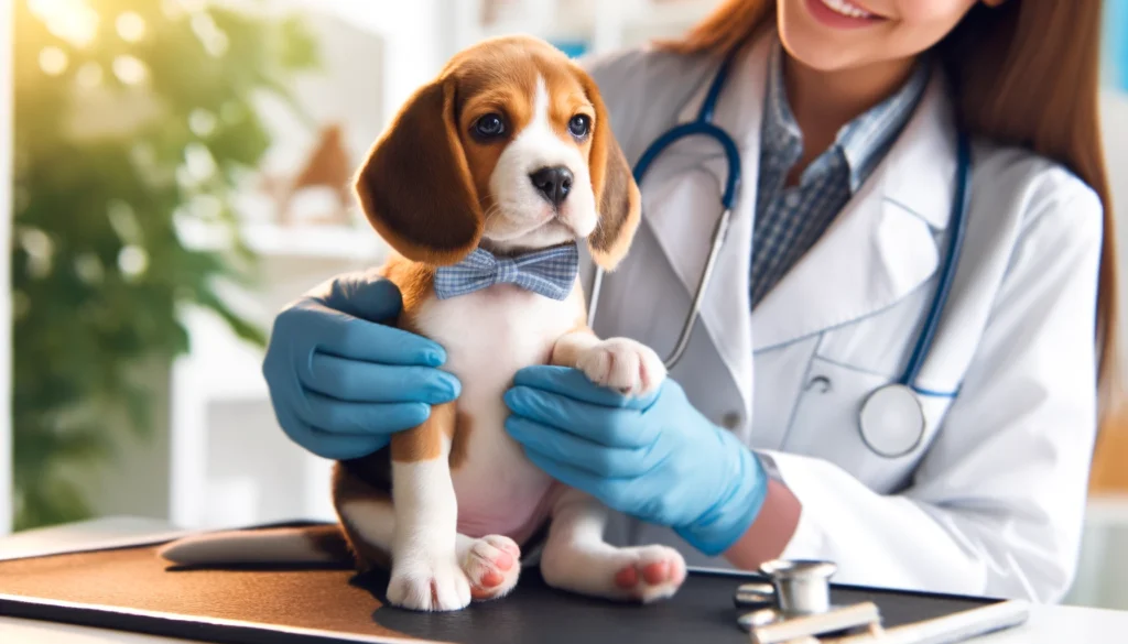 Een Beagle puppy die een medische controle ondergaat bij een dierenarts met de dierenarts die de gezondheid van de pup inspecteert