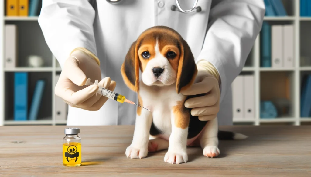 Een dierenarts die een beagle pup onderzoekt in een kliniek aandacht gevend aan de gezondheid en vaccinaties van de pup