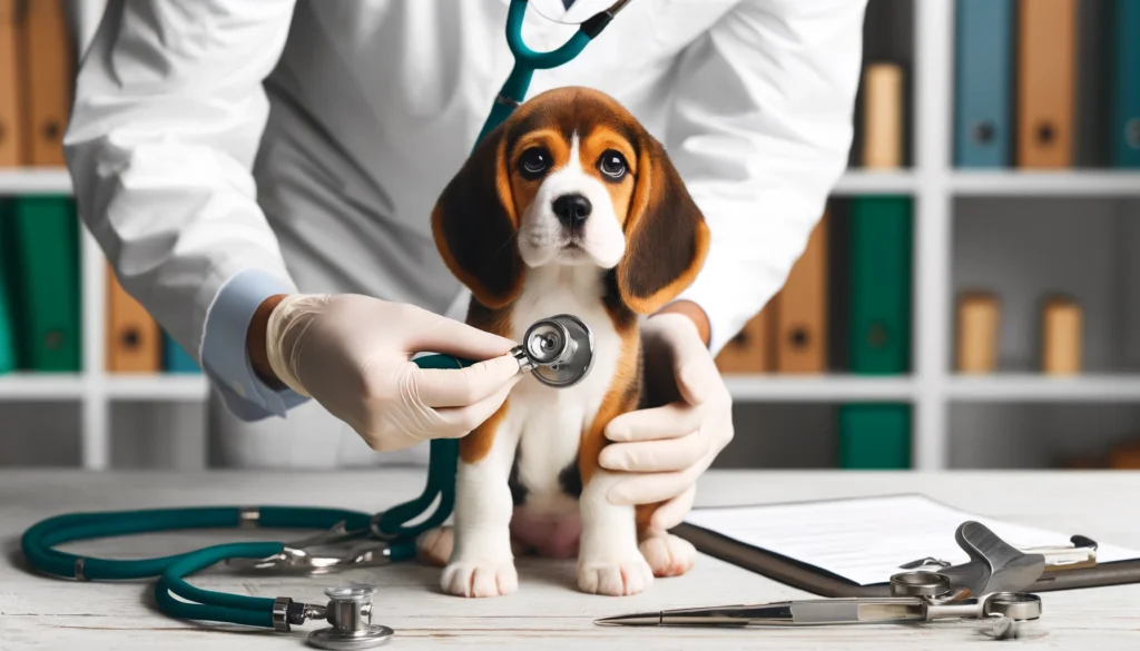 Een dierenarts die een gezondheidscontrole uitvoert bij een Beagle pup met een stethoscoop en medische apparatuur in de achtergrond