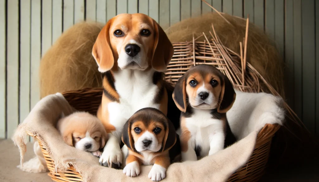 Een ervaren Beagle fokker met een nest Beagle puppys en een volwassen Beagle in een schone en georganiseerde ruimte. De fokker is vriendelijk en bea