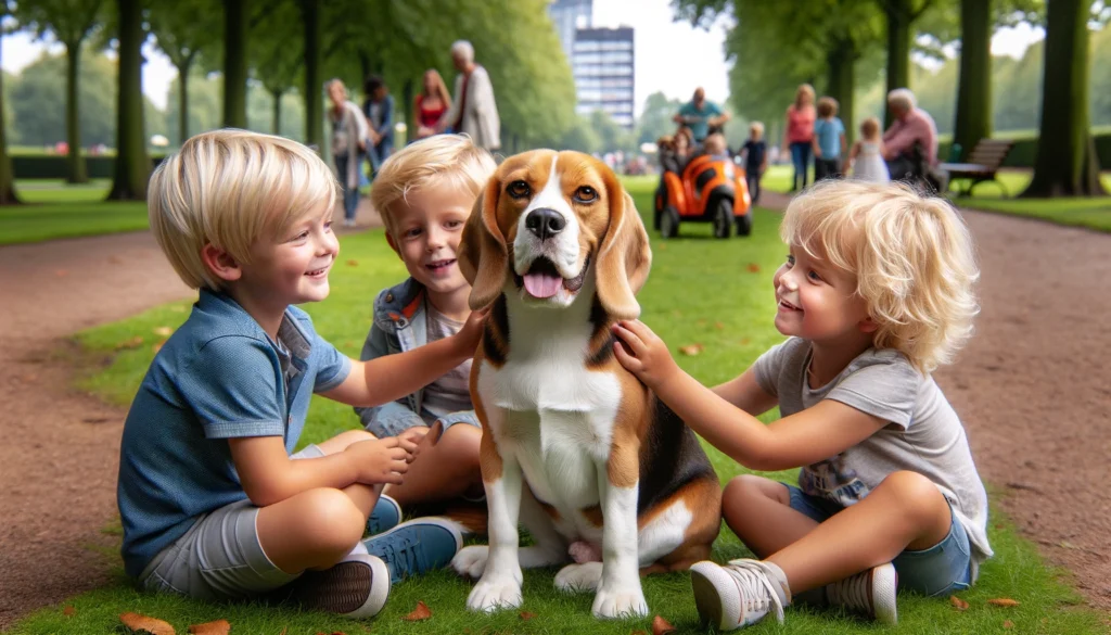 kinderen die een beagle knuffelen