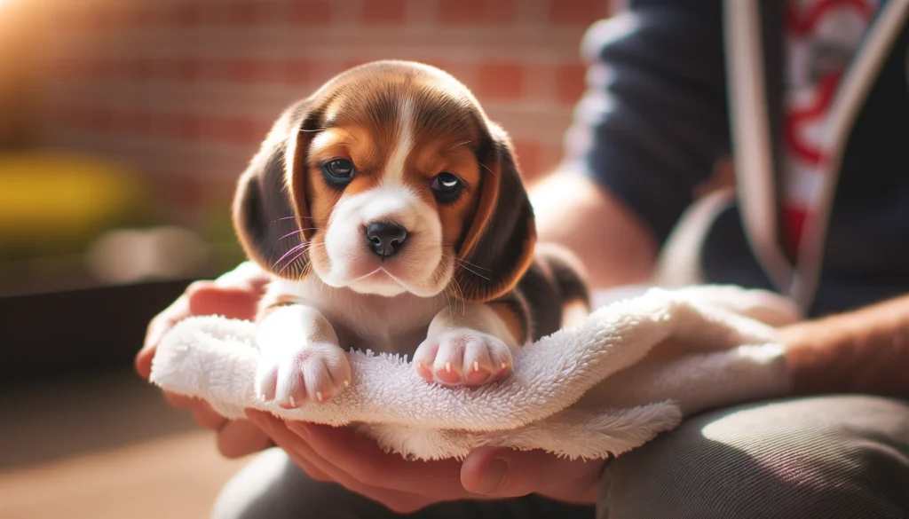 Een foto van een beagle puppy die door zijn fokker wordt gewogen op een weegschaal 1