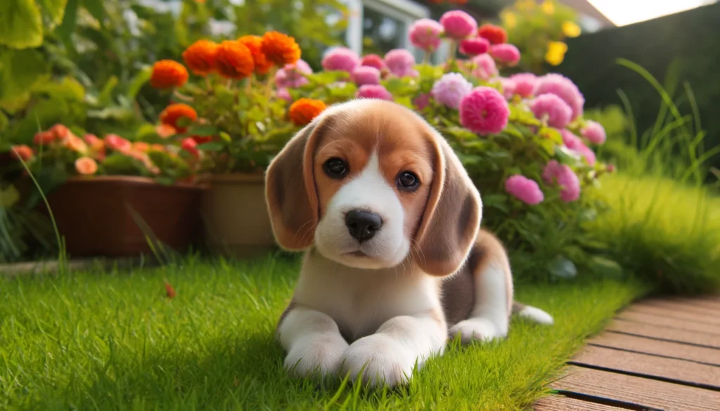 Een foto van een beagle puppy die speelt in een groene tuin met kleurrijke bloemen op de achtergrond