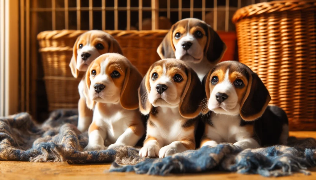 Een foto van een groep beagle pups die samen spelen in een ruime schone kennel 1