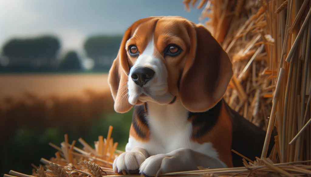 Een foto van een volwassen beagle die naast zijn fokker staat in een schone en verzorgde omgeving