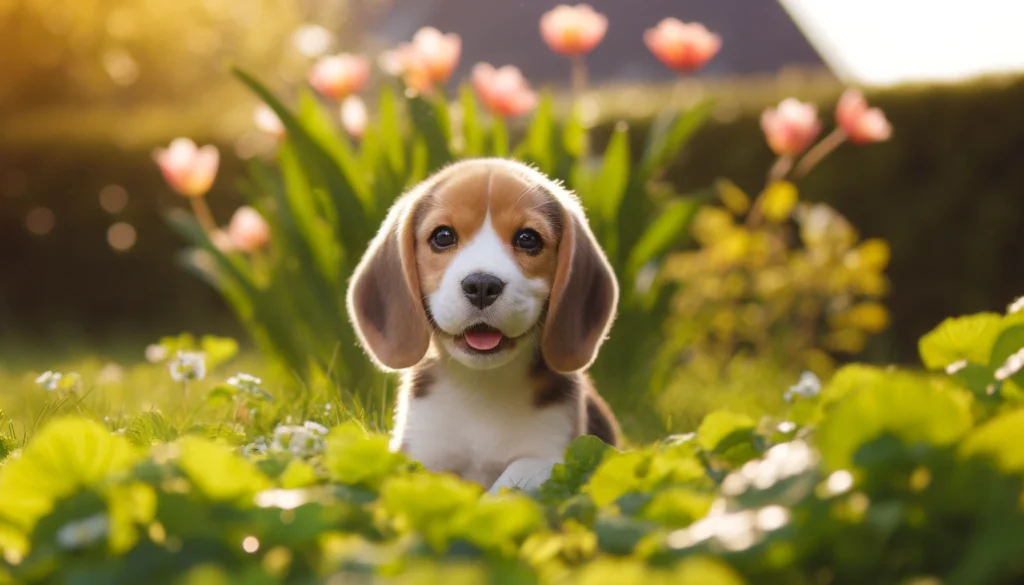 Een schattige beagle pup die vrolijk buiten speelt in een groene tuin met bloemen met een zonnige hemel op de achtergrond