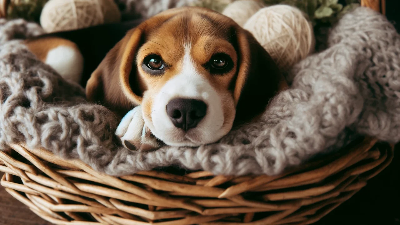 Een foto van een beagle met zijn nestgenoten in een schone en comfortabele mand